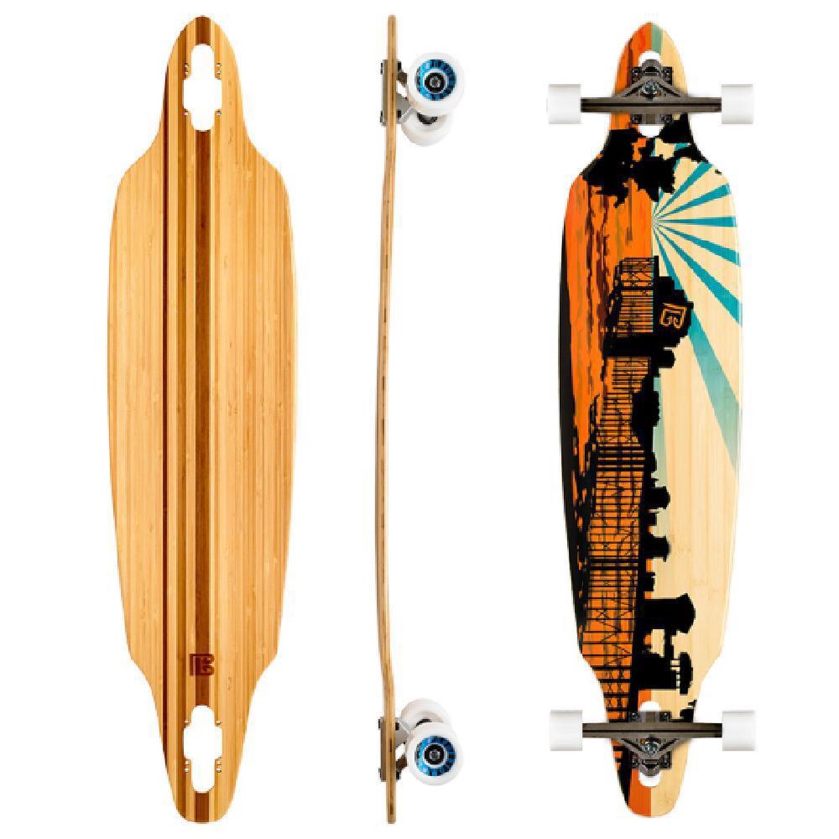 Bamboo Drop Through 41" Sunset Pier Longboard - Complete with skate tool